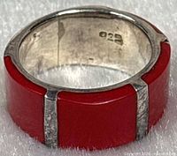 Interior view showing 925 hallmark and red coral inlay around band