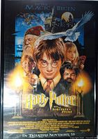 Front view of framed Harry Potter poster showing artwork and text