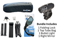 All four Bluerev accessories group shot: folding lock with case/keys/straps, top tube bag, Bullet 200 headlight, handlebar mirror