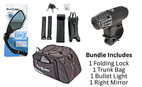 All four Bluerev accessories laid out: mirror in retail pack, folding lock with accessories, trunk bag, headlight