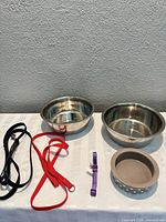 Overview of two stainless bowls, plastic bowl, two leashes, purple collar