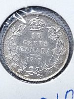 Reverse showing 10 CENTS CANADA 1910 with crown and maple wreath