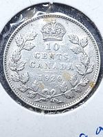 Reverse of 1920 Canadian 10-cent coin displaying crown, denomination and date