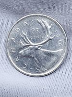 Reverse side showing caribou, legend CANADA 25 CENTS 1976