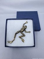 Brooch in box showing full frog shape and finish