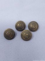 Front view of four brass buttons showing crest