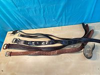 Overview of five leather belts laid flat showing length and buckles