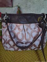 Front view showing rose-gold logo fabric, brown leather band with Coach script, silver-tone hardware