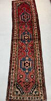 Full view of long vintage Hamedan runner showing overall pattern and proportions