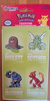 Front of sealed 1999 Pokémon sticker pack showing Diglett, Scyther, Machoke, Charmeleon stickers