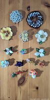 Overhead shot of all 14 brooches on wooden background