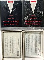 Front view of both 1991 Arena Premiere Edition boxes, tuxedo graphic visible