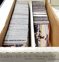 Long box containing two rows of sleeveless hockey cards