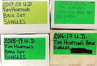 Four labeled card storage boxes indicating years and contents