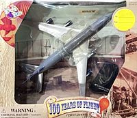 Front of sealed box showing Kidz Fun United Airlines Boeing 747 model airplane and stand