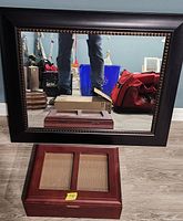 Mirror and jewelry/photo box showing sizes, finishes, and overall condition