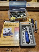 Overall lot with Titan retainer kit, hardware tub, ratchet driver set and tools