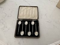 Open case showing six spoons on velvet interior