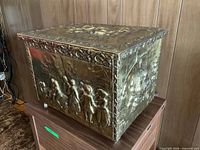 front and side view of brass-clad wood coal box