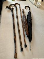 five canes and umbrellas laid side by side