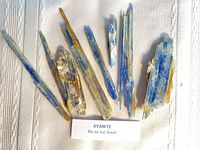 Group of blue kyanite blades laid out with label