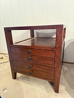 end table front and side view showing overall design and drawers