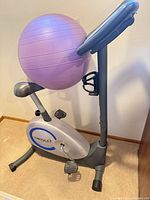 Full view of exercise bike with stability ball mounted on handlebars