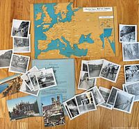 Overview of entire lot: map, itinerary sheet, scattered photographs and postcards