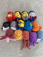 Group shot of all 14 plush toys arranged on floor