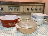 Group shot showing all four casserole dishes, lid and detachable handle