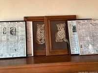 Five of the six framed pictures visible: three newspaper front pages, two leopard prints