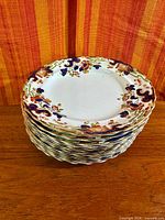 Stack of ornate dinner plates showing top design and quantity