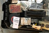 overview of bin with connectors, tape, receptacles, faceplates