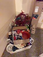 Overall lot with boxed tree, wreath, ornaments, mugs, plate, bows