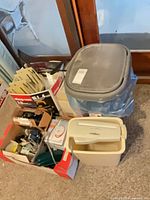 Overall view of lot showing folders, electronics box, shredder in tub and wastebasket