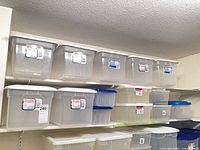 Upper shelves showing multiple clear totes with lids