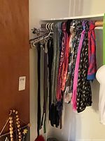 Scarves and belts hanging on closet rod