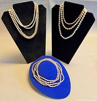 Two bust displays with necklaces and coiled strand on blue pad