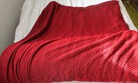 Full view of folded red and black herringbone fabric on bed