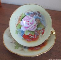 Interior view showing cabbage rose floral painting inside teacup and on saucer