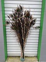 Full view of feather arrangement in vase against backdrop