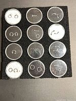Front view of 12 round cases containing silver body jewelry on black pad