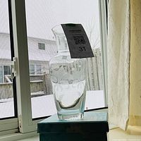 Etched glass vase displayed on box near window