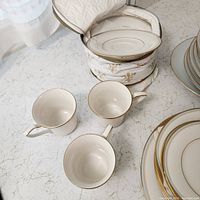 Stack of gold rim plates, mugs, bowls in zippered case