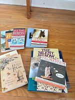 Group shot of all eight books spread on hardwood floor