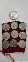 All nine Kennedy half dollars, Eisenhower dollar, and red pouch displayed
