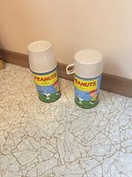Two Peanuts thermoses upright showing graphics and lids