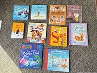 Group shot of 10 visible hardcover children’s books laid out on carpet