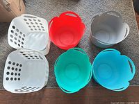 Six containers arranged; shows color and style