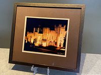 Full view of framed photograph on stand showing frame, mat and image